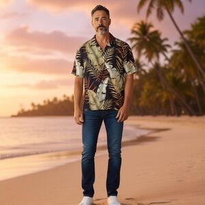 Tommy Bahama Black and Green Leaf Patterned Shirt Sz.L 100% Silk